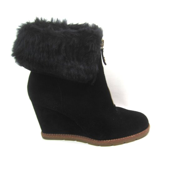 Kate Spade EUC Stasia 7.5 M Women's Black Bootie Wedge Suede Leather Faux Fur - Picture 5 of 11